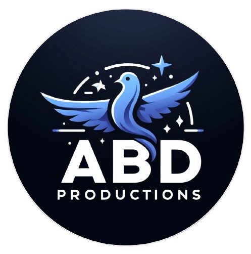 ABD Productions logo, a white circle with a dark blue field, a lighter blue dove and the text ABD Productions under it